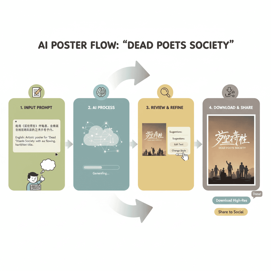 使用步骤:通过AI工具Nano Banana Pro生成电影海报《死亡诗社》,轻松打造精美设计。