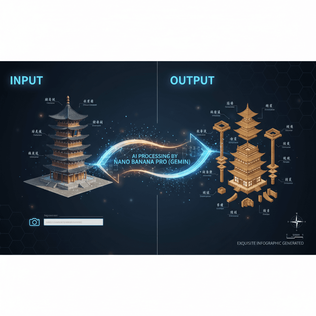 使用 Nano Banana Pro 创建的应县木塔结构解说图,精美的AI生成信息图。