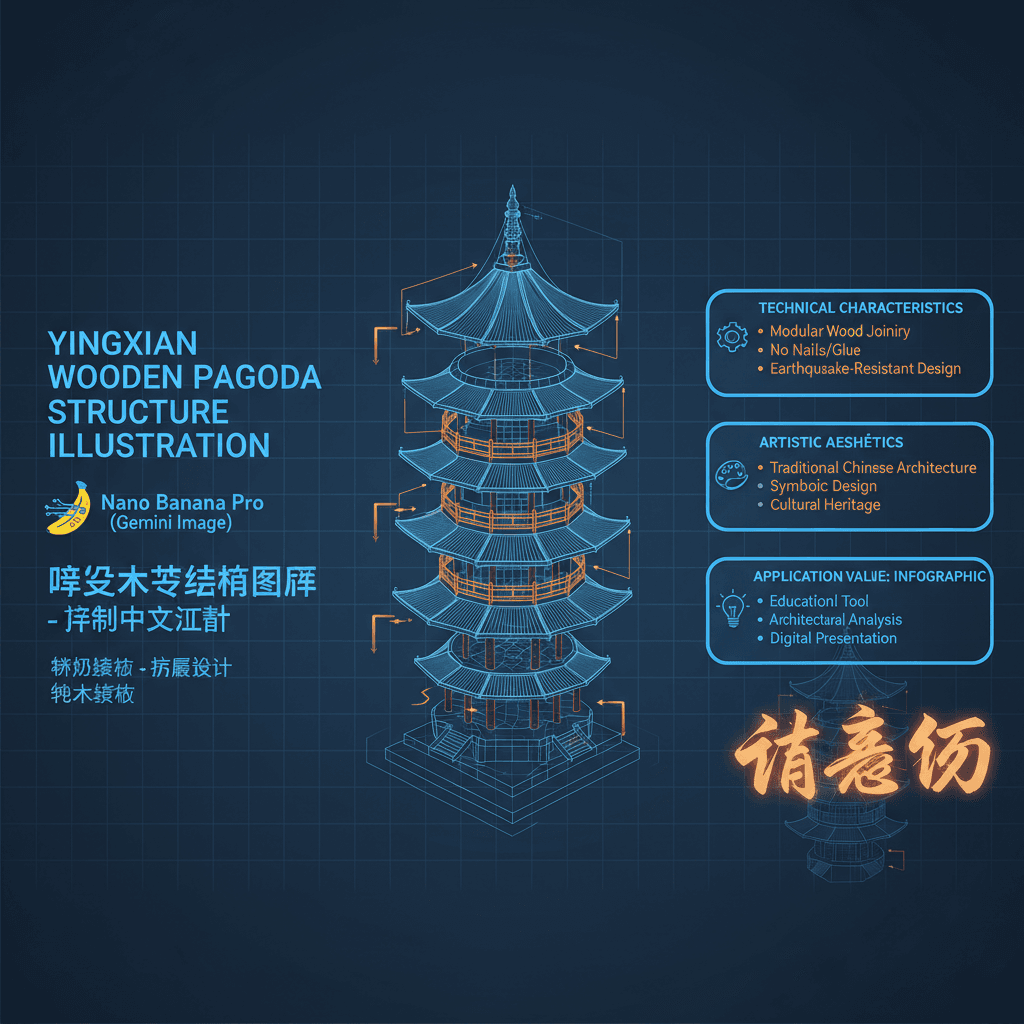 应县木塔结构解说图,使用Nano Banana Pro AI生成,展示木塔的建筑特点与结构。