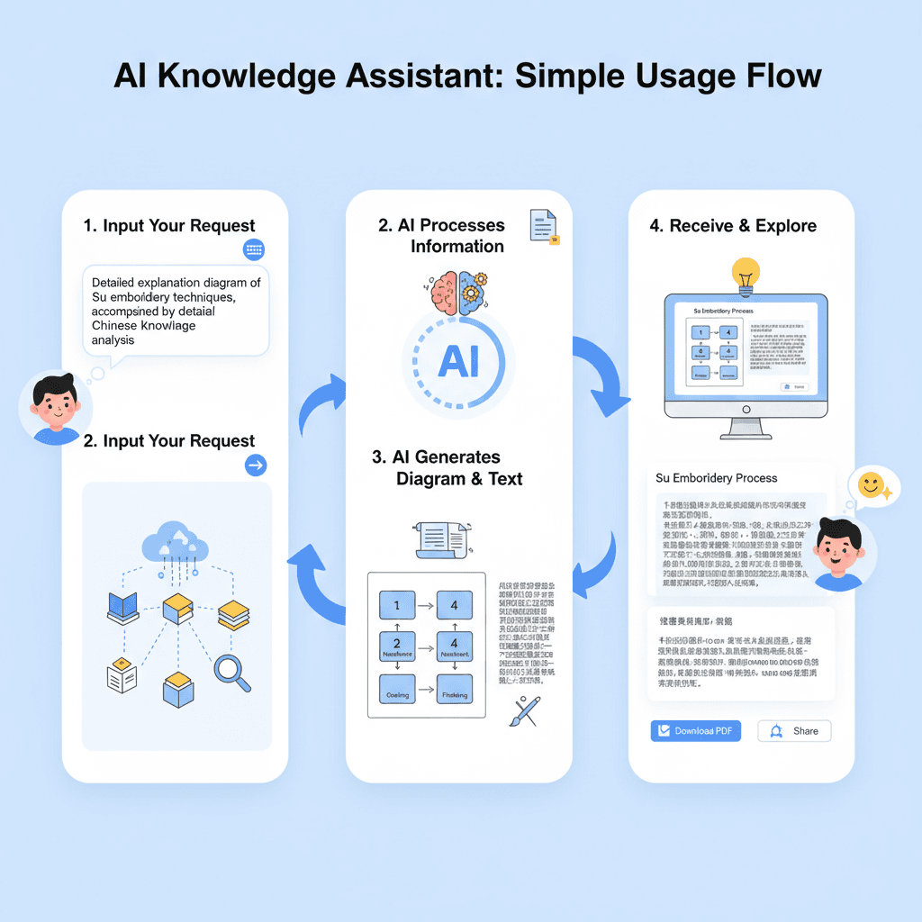 苏绣工艺解说图,展示使用步骤及工具类别,强调易用性和流程指导,使用AI工具生成。