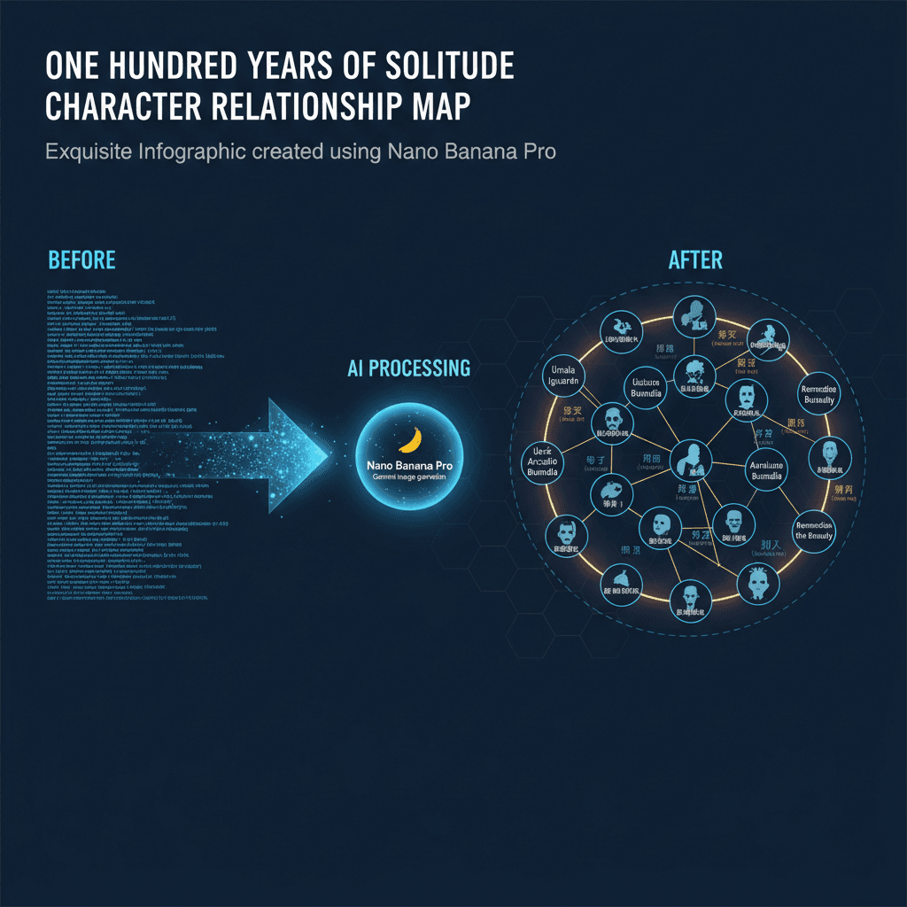 精美的百年孤独人物关系图,使用Nano Banana Pro AI生成,展示核心功能的信息图。