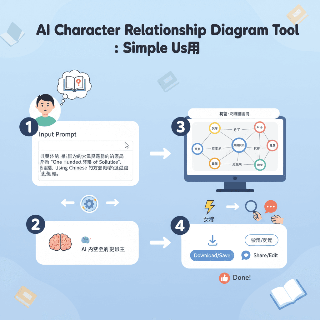 使用步骤:利用Nano Banana Pro AI工具,轻松创建百年孤独人物关系图,直观展示角色互动。