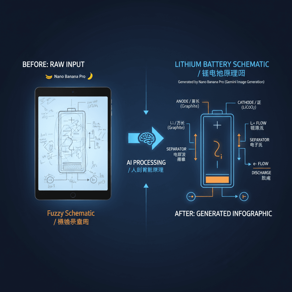 精美锂电池原理图,使用Nano Banana Pro AI生成,展示其核心功能与结构。
