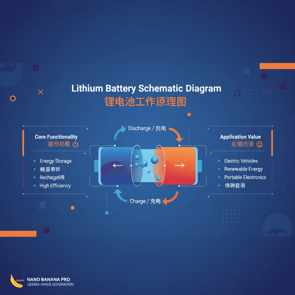 锂电池原理图信息图,使用Nano Banana Pro AI生成,展示电池工作原理与应用。