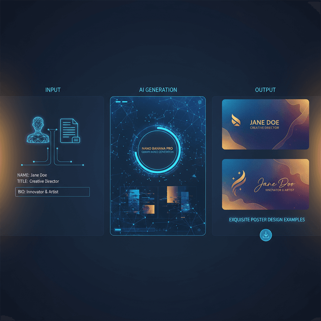 使用Nano Banana Pro创建的精美个人名片设计海报,AI生成,展示核心功能与创意。