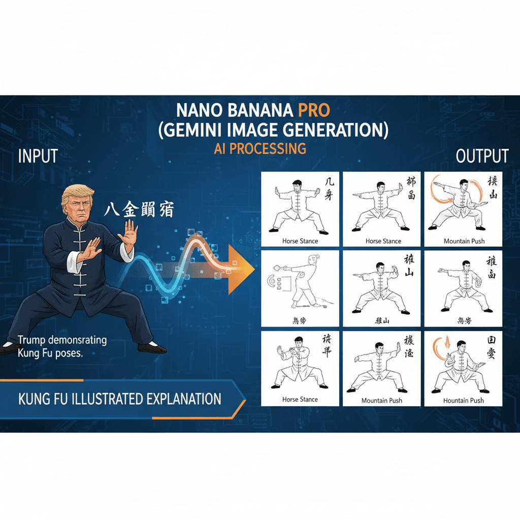 精美信息图示例,使用Nano Banana Pro创建,展现功夫图解核心功能,AI生成。