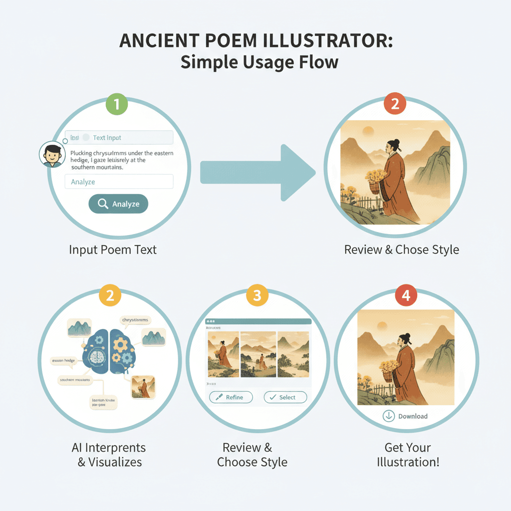 使用步骤:选择古诗,利用Nano Banana Pro生成古风艺术,轻松创建精美配图。