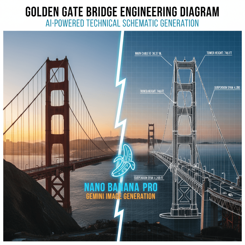 使用Nano Banana Pro生成的金门大桥工程图解,精美技术图解,AI生成。