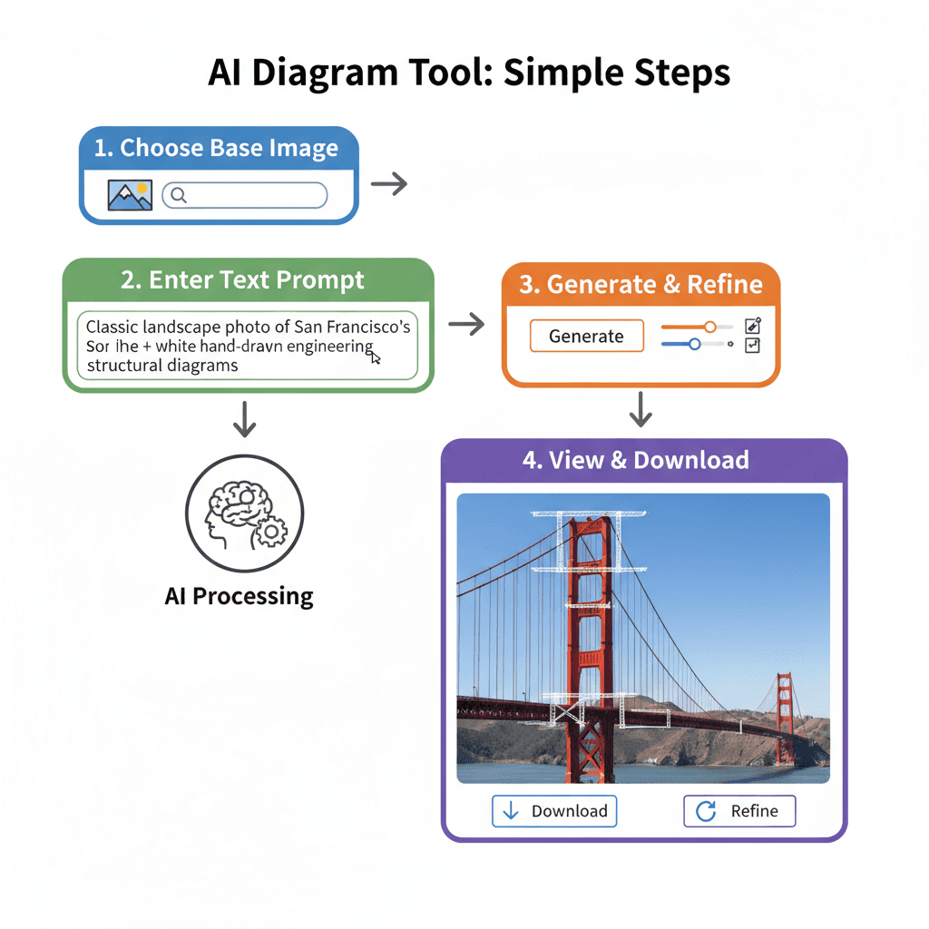 使用步骤:通过 AI工具 Nano Banana Pro 创建金门大桥工程图解,简洁易用,流程清晰。