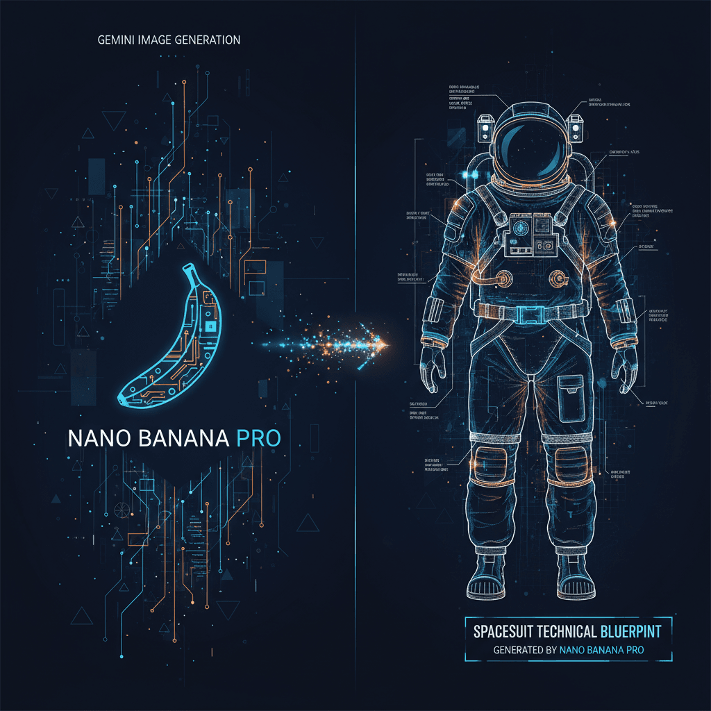 使用Nano Banana Pro创建的宇航服技术图纸,展现精美细节,AI生成。
