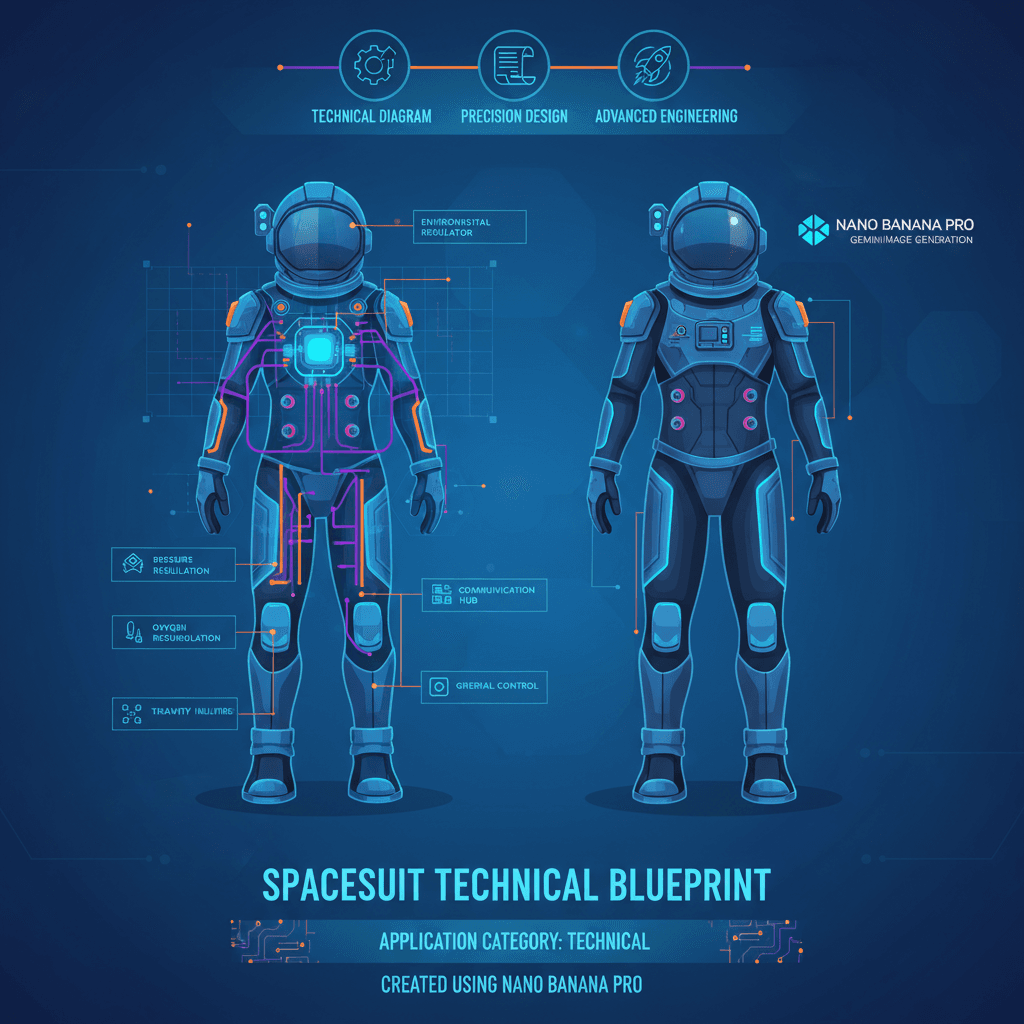 宇航服技术图纸,使用Nano Banana Pro AI生成,展示精美的技术解剖与设计细节。