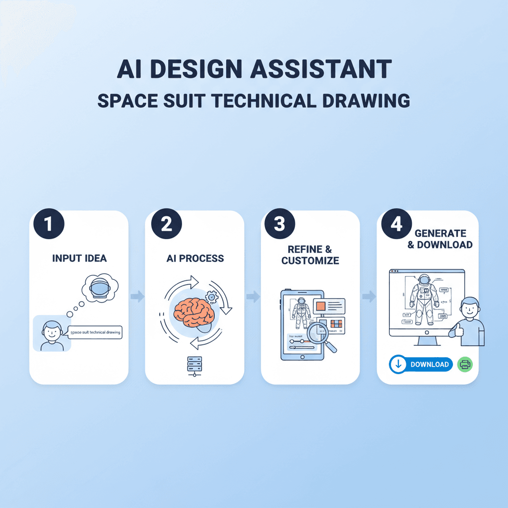使用步骤展示宇航服技术图纸,工具类别为AI工具,强调易用性与流程指导。