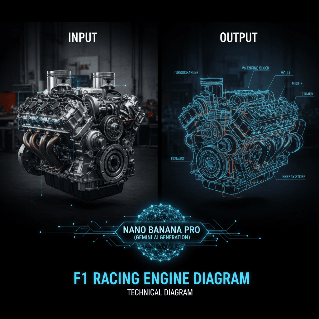 精美F1赛车引擎图解,由Nano Banana Pro AI生成,展示核心技术功能。