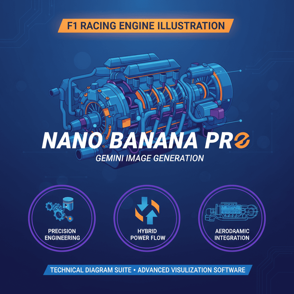 "F1赛车引擎图解,使用Nano Banana Pro AI技术生成,展示引擎核心组件及功能。"