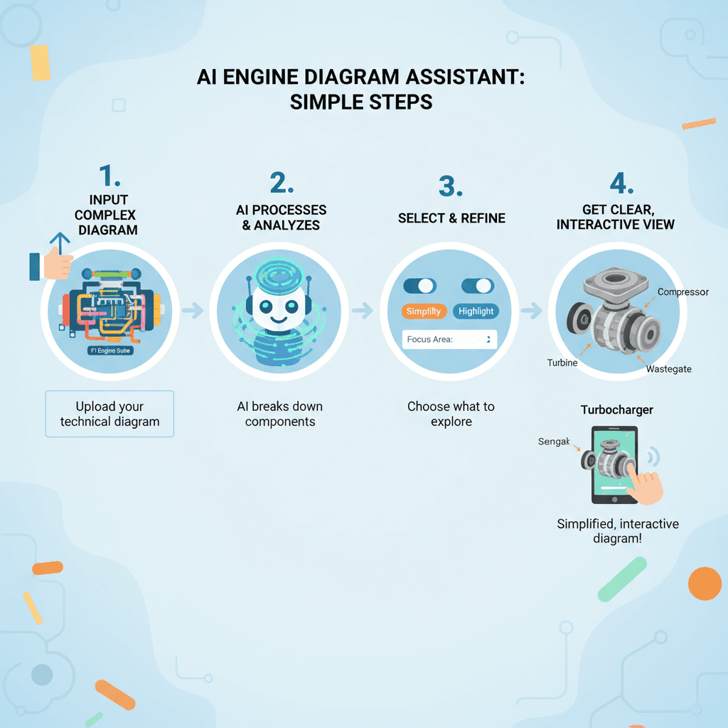 Alt文本:F1赛车引擎图解,展示使用步骤,工具类别为AI工具,强调易用性和流程指导。