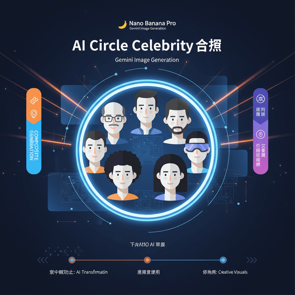精美合成的AI圈名人合照,使用Nano Banana Pro工具生成,展示AI领域的领军人物。