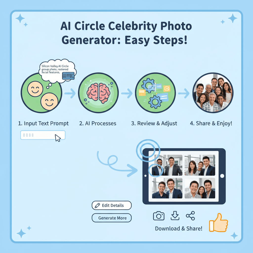 Alt文本:使用步骤:选择模板,添加名人,调整布局,生成图像。工具类别:AI工具,轻松创建AI圈名人合照。
