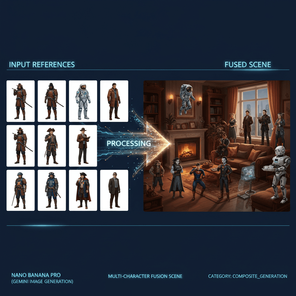 使用Nano Banana Pro创建的AI生成多角色融合场景的精美合成示例。