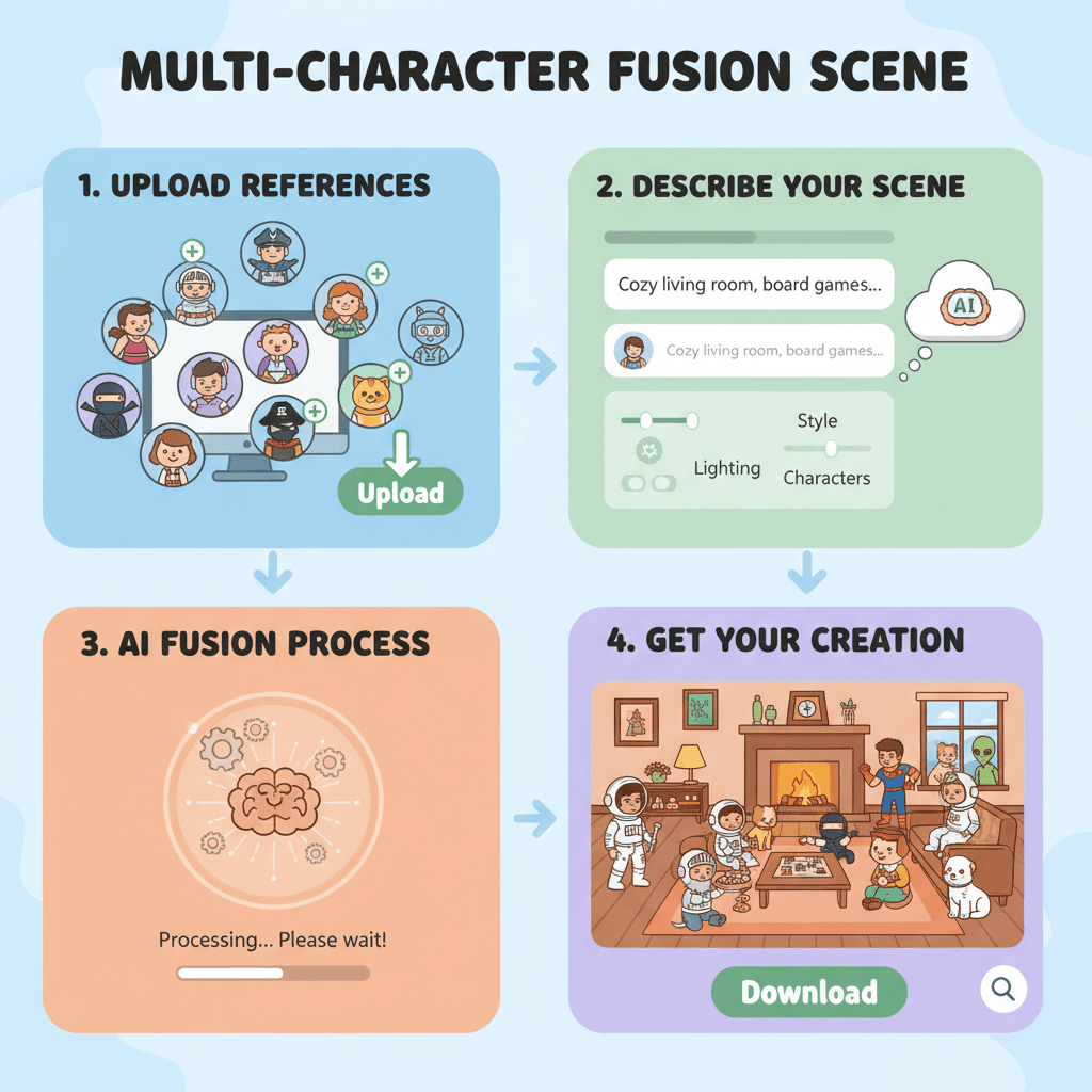 使用步骤:通过AI工具Nano Banana Pro轻松创建多角色融合场景,简单易用。