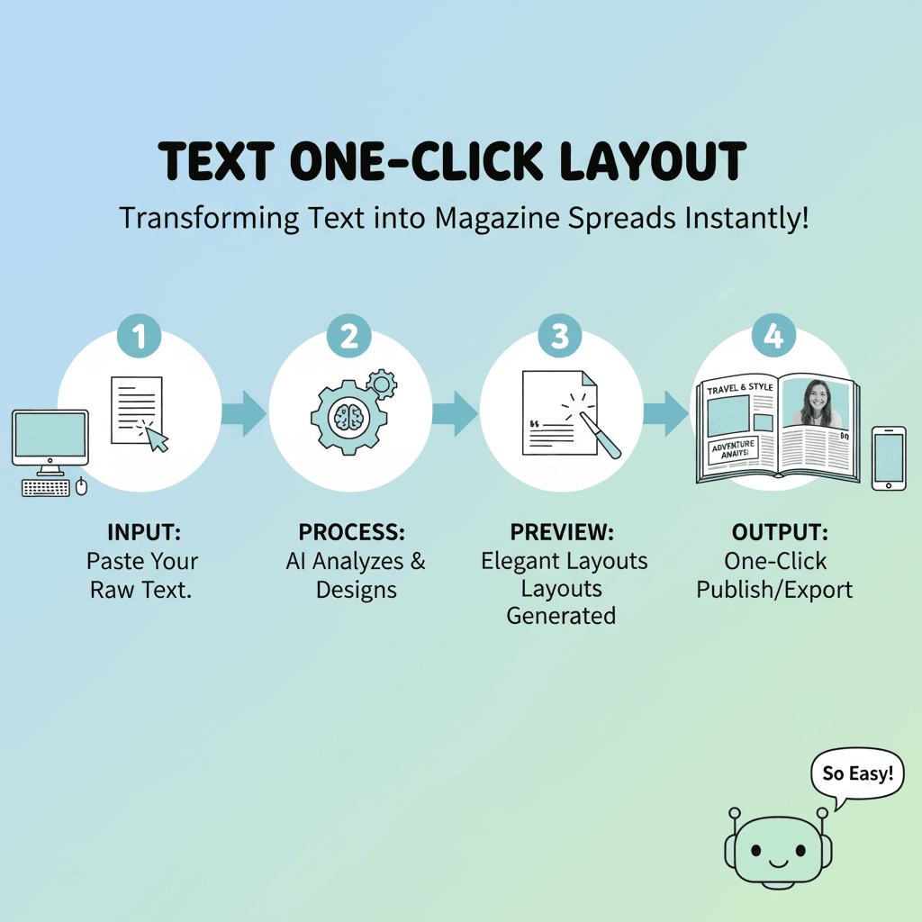 Alt文本:展示使用步骤的流程图,介绍如何通过AI工具Nano Banana Pro实现简单易用的文字一键排版。