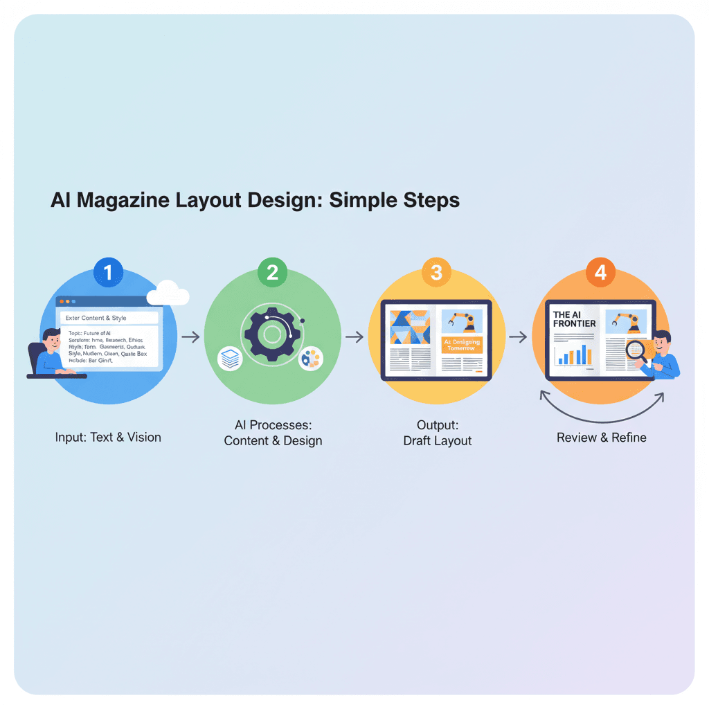 简洁的杂志排版设计流程图,展示使用步骤,利用AI工具Nano Banana Pro生成精美排版,突出易用性。