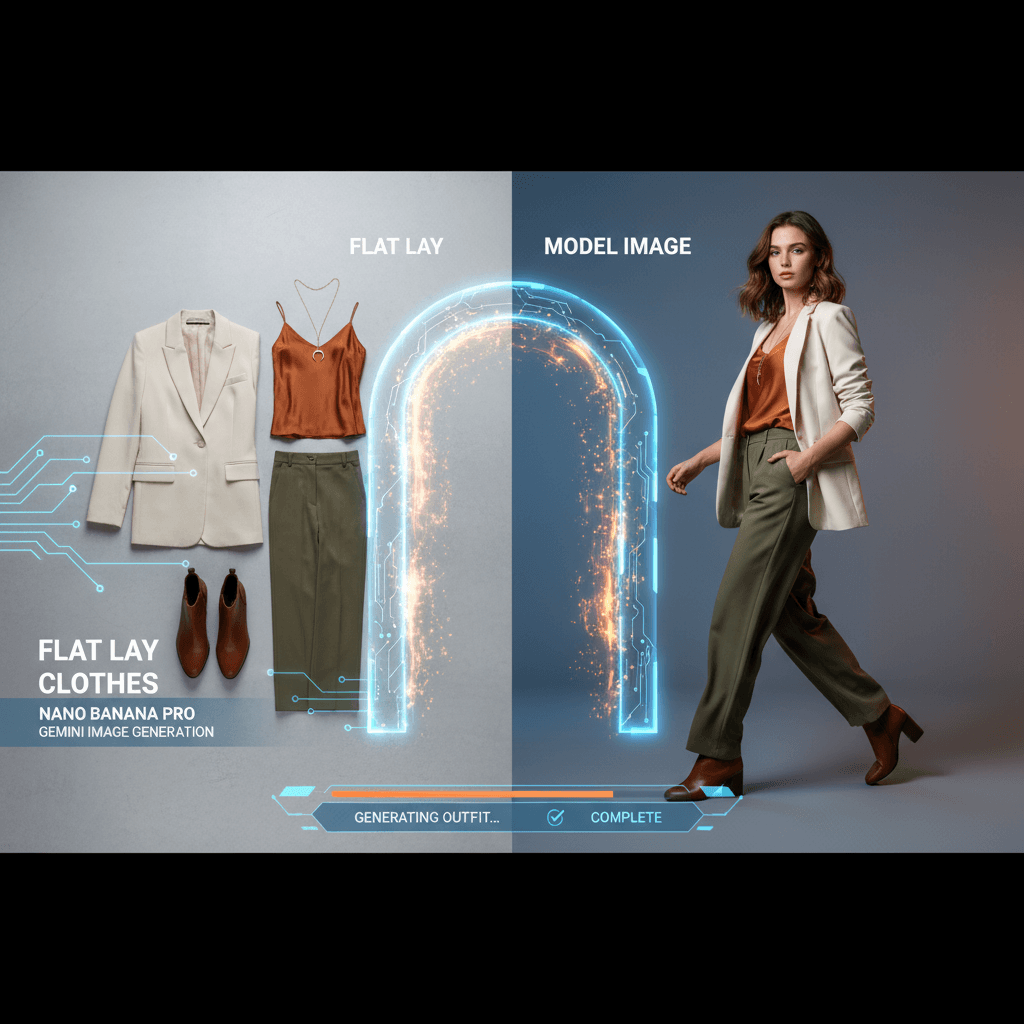 使用Nano Banana Pro生成的AI时尚穿搭示例,衣服平铺转模特图,展现精美搭配。