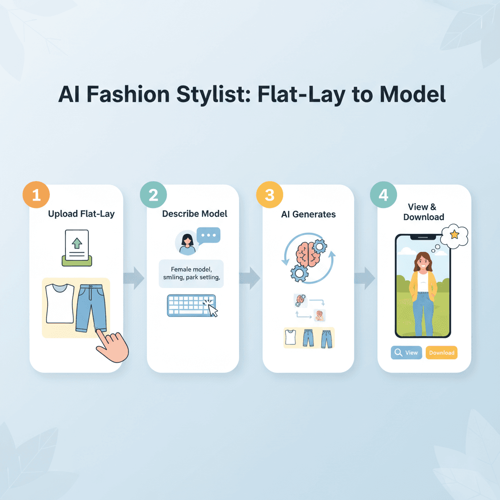使用步骤:通过AI工具Nano Banana Pro生成的衣服平铺转模特图,简化时尚搭配。