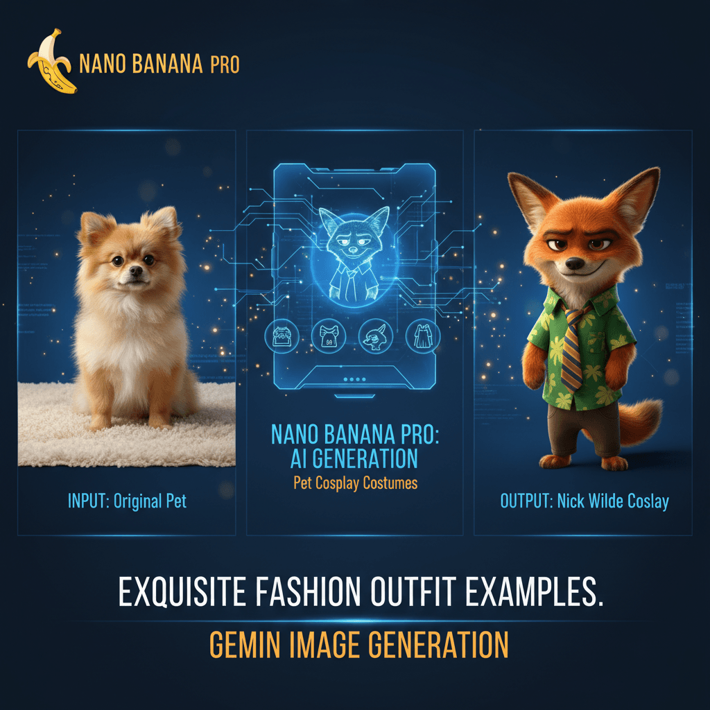 使用Nano Banana Pro生成的AI宠物Cos服装时尚搭配示例,展现精美设计与创意风格。