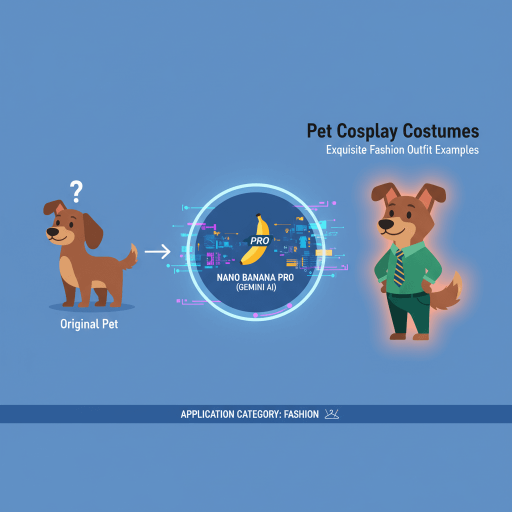 一张使用Nano Banana Pro生成的宠物Cos服装示例,展示了AI时尚应用的创意与灵感。