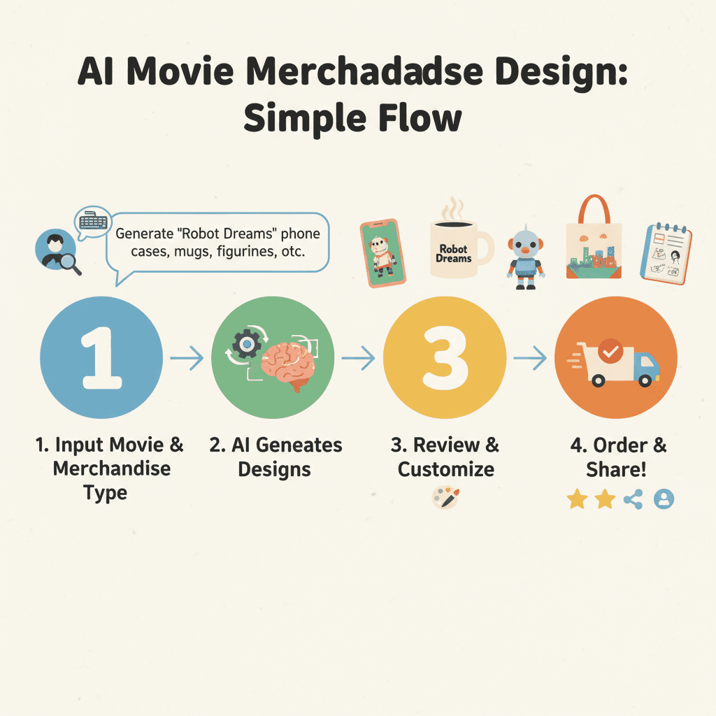 使用步骤:通过AI工具Nano Banana Pro轻松创建电影周边设计示例,流程简单易懂。