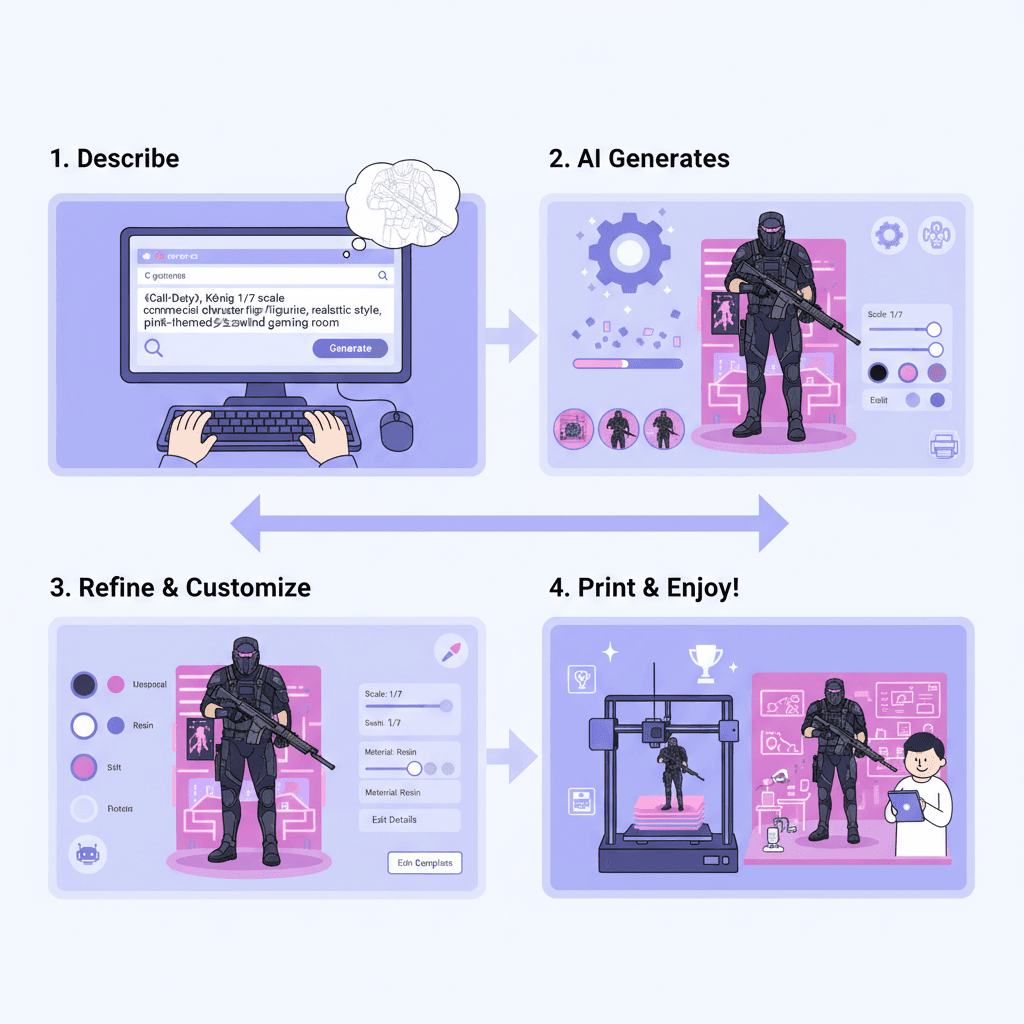 "游戏手办设计使用步骤:借助AI工具Nano Banana Pro,轻松创建精美周边设计。"