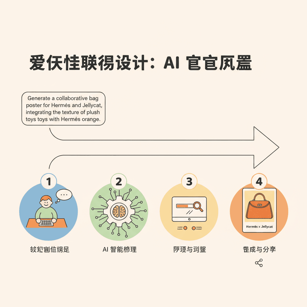 使用步骤:通过Nano Banana Pro AI工具,轻松创建爱马仕联名设计周边的精美示例。