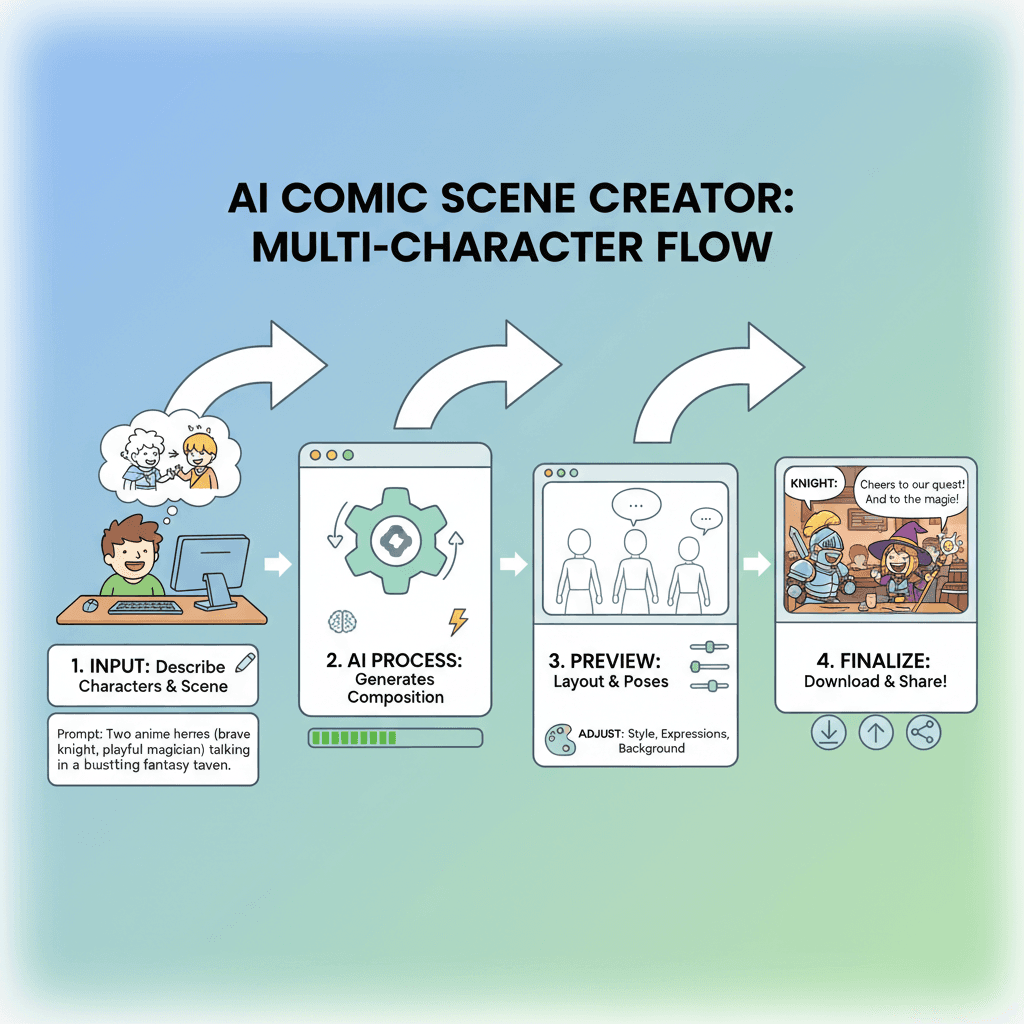 多人漫画场景,使用步骤简单易行,借助AI工具Nano Banana Pro创作出精美作品。