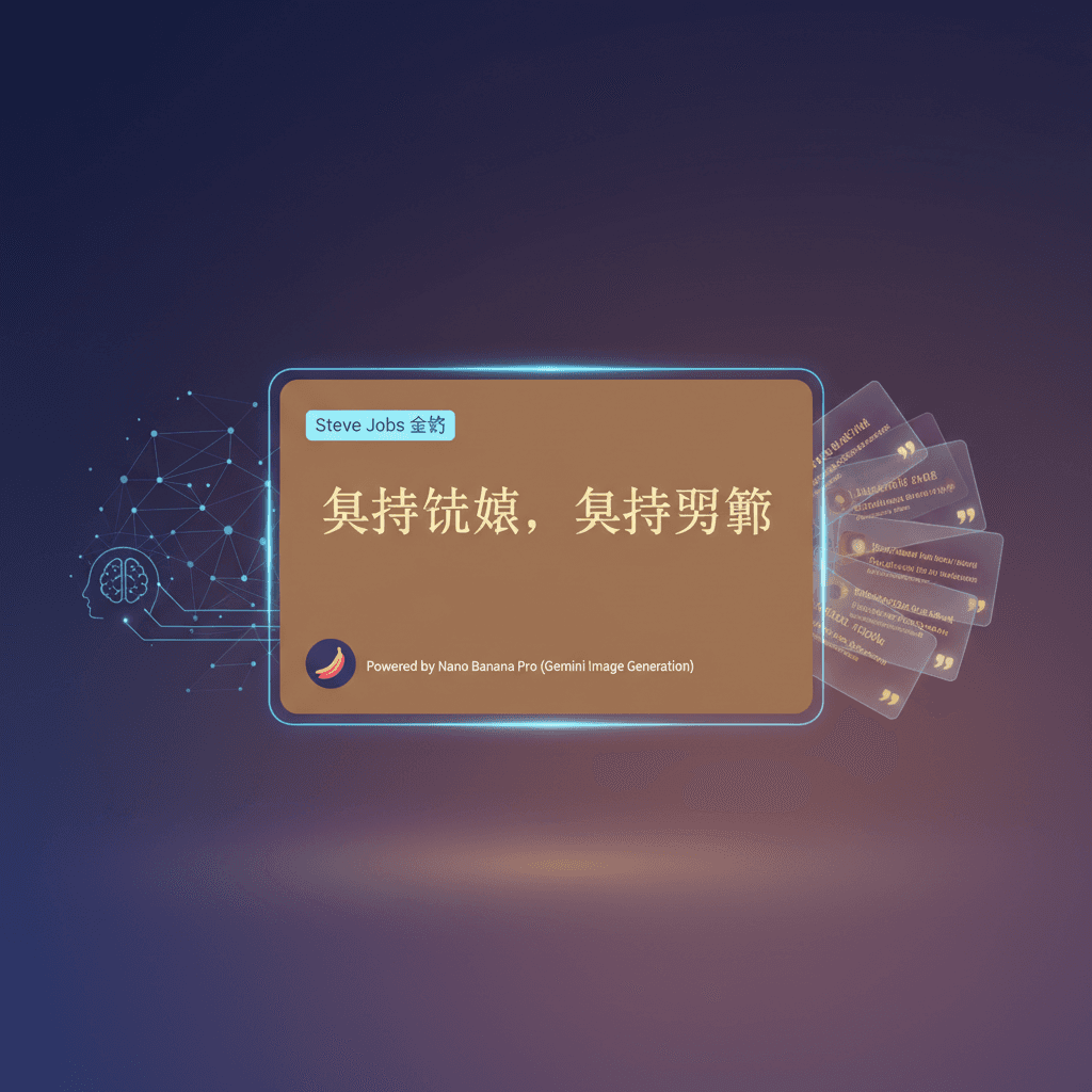 一张使用Nano Banana Pro生成的Steve Jobs金句艺术配图,展示AI在名言卡片设计中的应用价值。