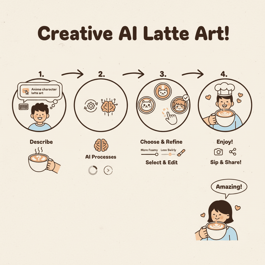 使用步骤:利用AI工具Nano Banana Pro创建简洁易用的创意拉花图案,展现美食饮品魅力。