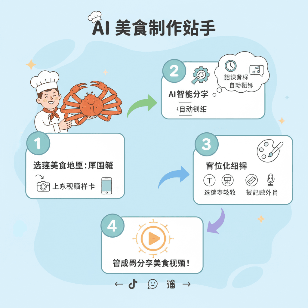 一张展示美食制作视频的流程图,使用步骤简单易懂,工具类别为AI工具,强调易用性与指导。