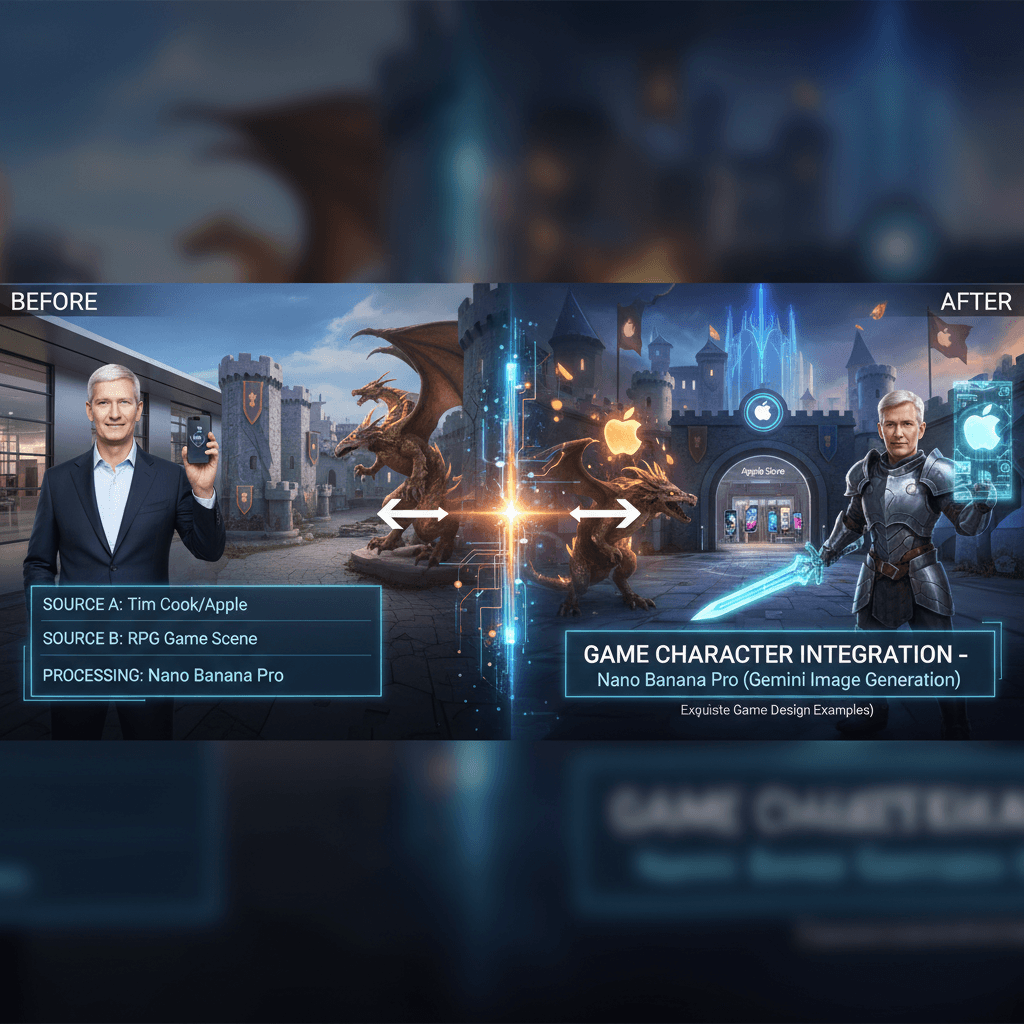 使用Nano Banana Pro创建的AI生成游戏角色植入设计示例,展现核心功能与创意。