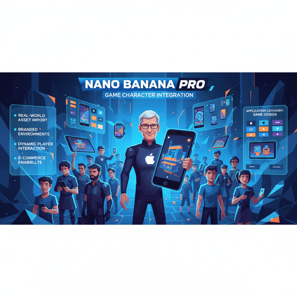 使用 Nano Banana Pro AI 创建的游戏角色植入艺术配图,展示精美游戏设计示例。