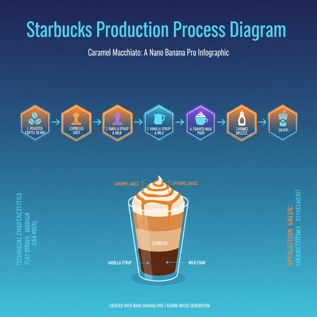 精美的信息图展示星巴克制作流程,使用Nano Banana Pro AI工具生成,突出咖啡制作的核心步骤。