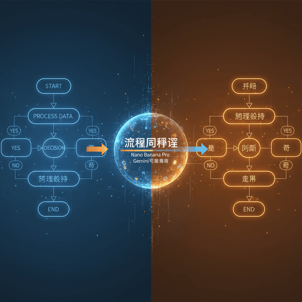 精美翻译上色示例,使用Nano Banana Pro AI生成,展示流程图翻译核心功能。