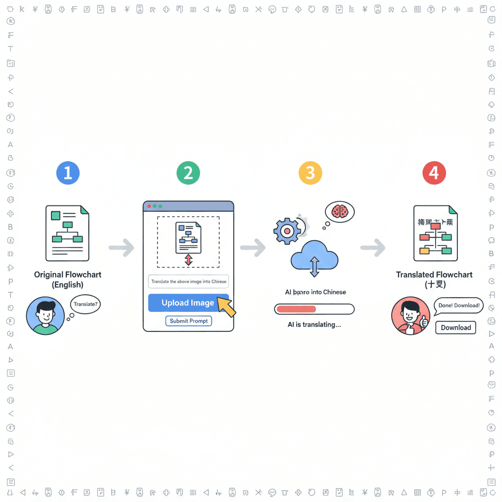 Alt文本:使用步骤展示流程图翻译,借助AI工具Nano Banana Pro,轻松获取翻译指导。
