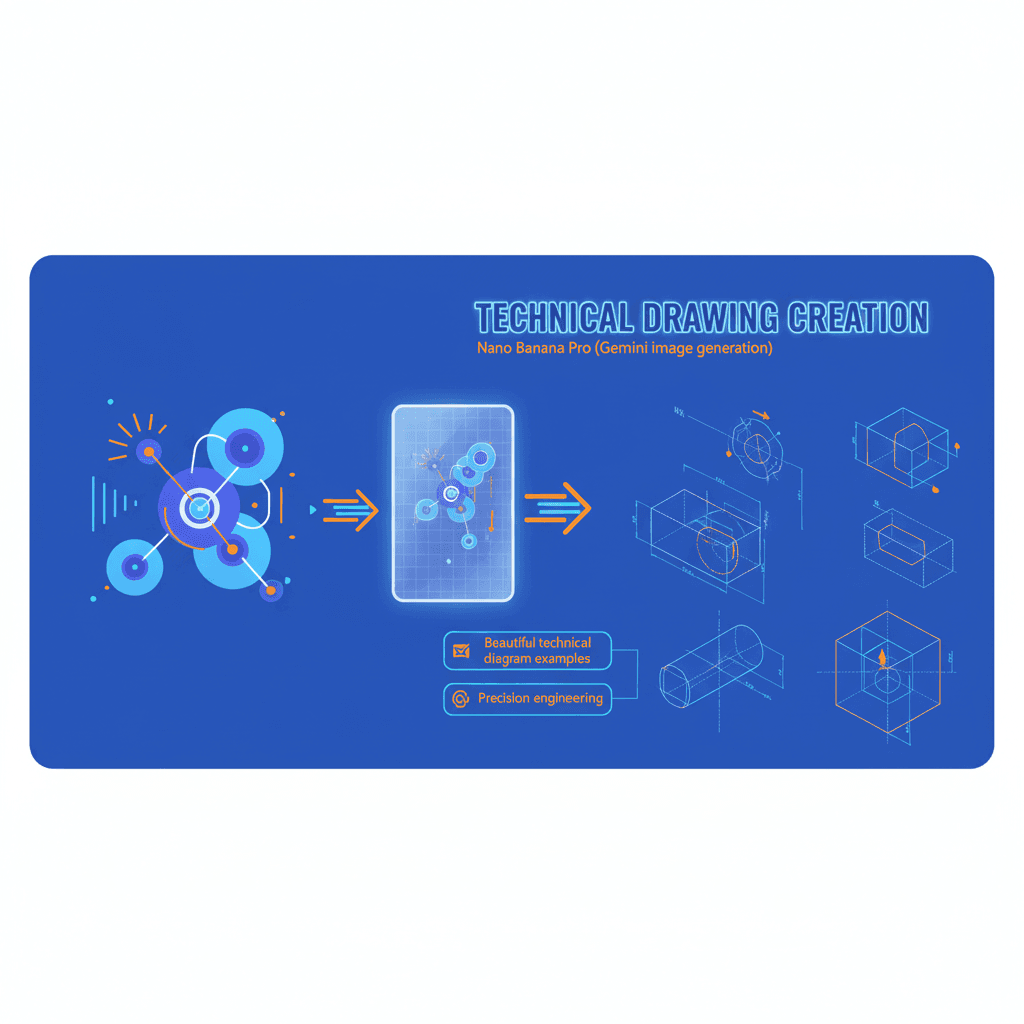 精美技术图解,使用Nano Banana Pro AI工具绘制,展示技术图纸绘制的核心应用场景。