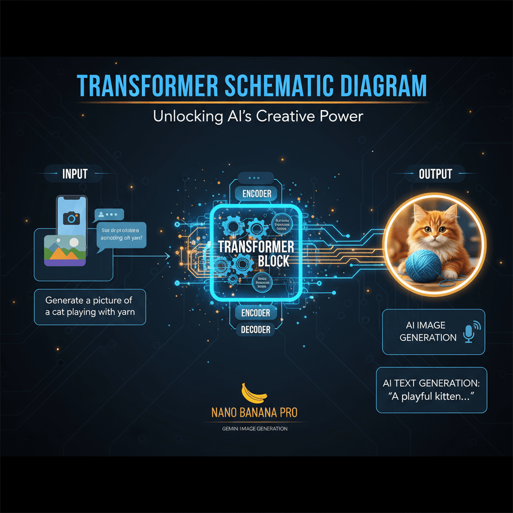 使用Nano Banana Pro创建的AI生成Transformer原理图,精美信息图展示核心功能。