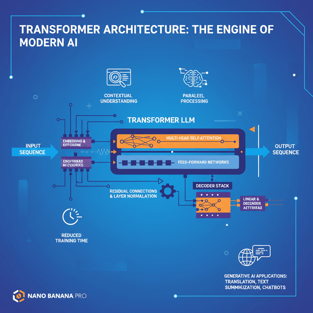 Alt文本:使用Nano Banana Pro生成的Transformer原理图,展示AI在信息处理中的核心应用。