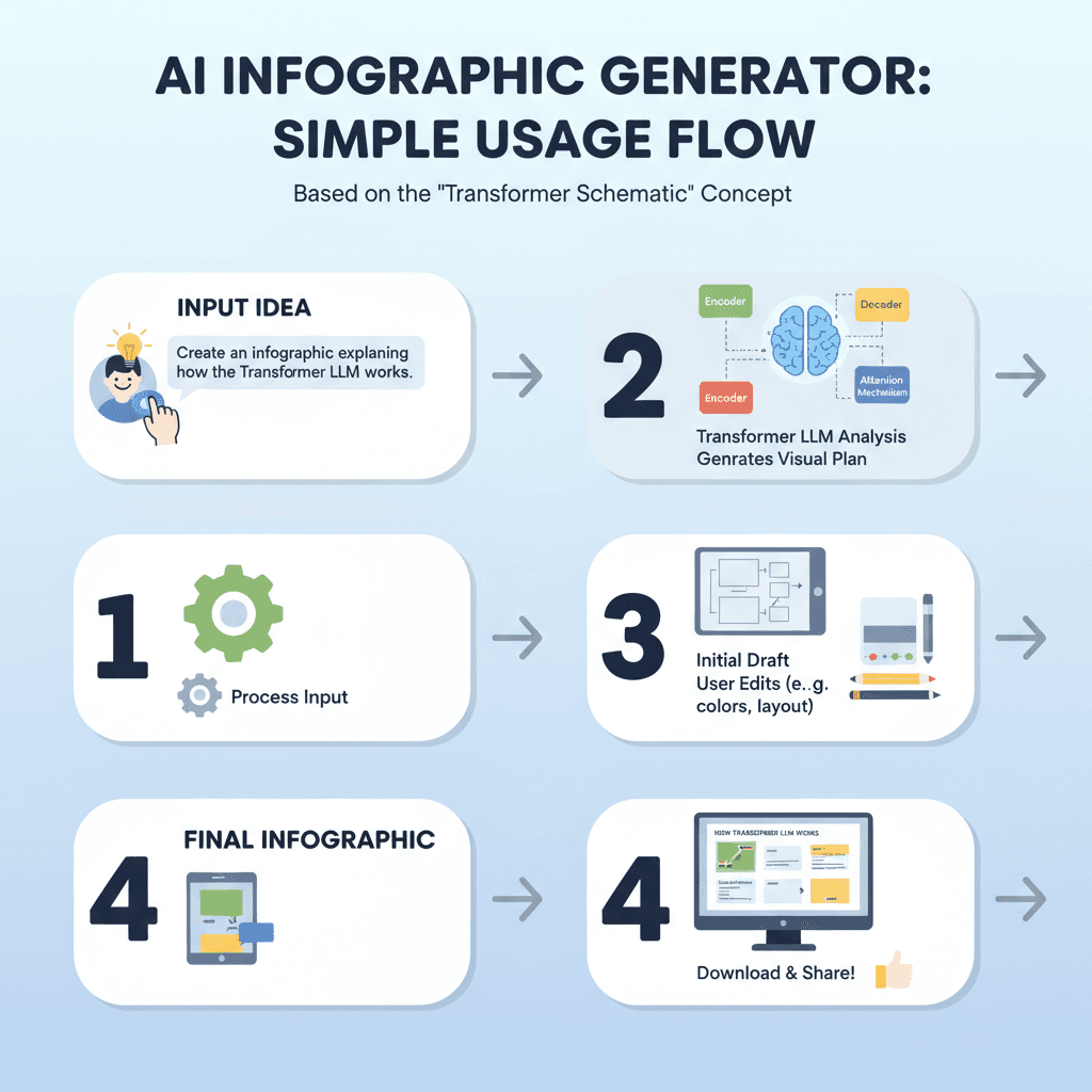 简洁的Transformer原理图,展示使用步骤,强调AI工具的易用性和流程指导。