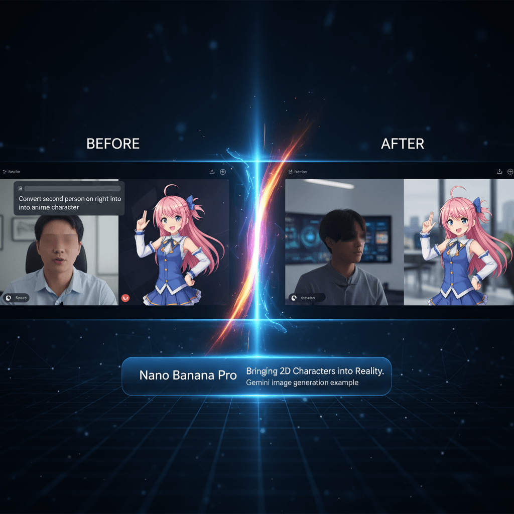 使用Nano Banana Pro生成的AI生成二次元角色走进现实的精美合成示例。