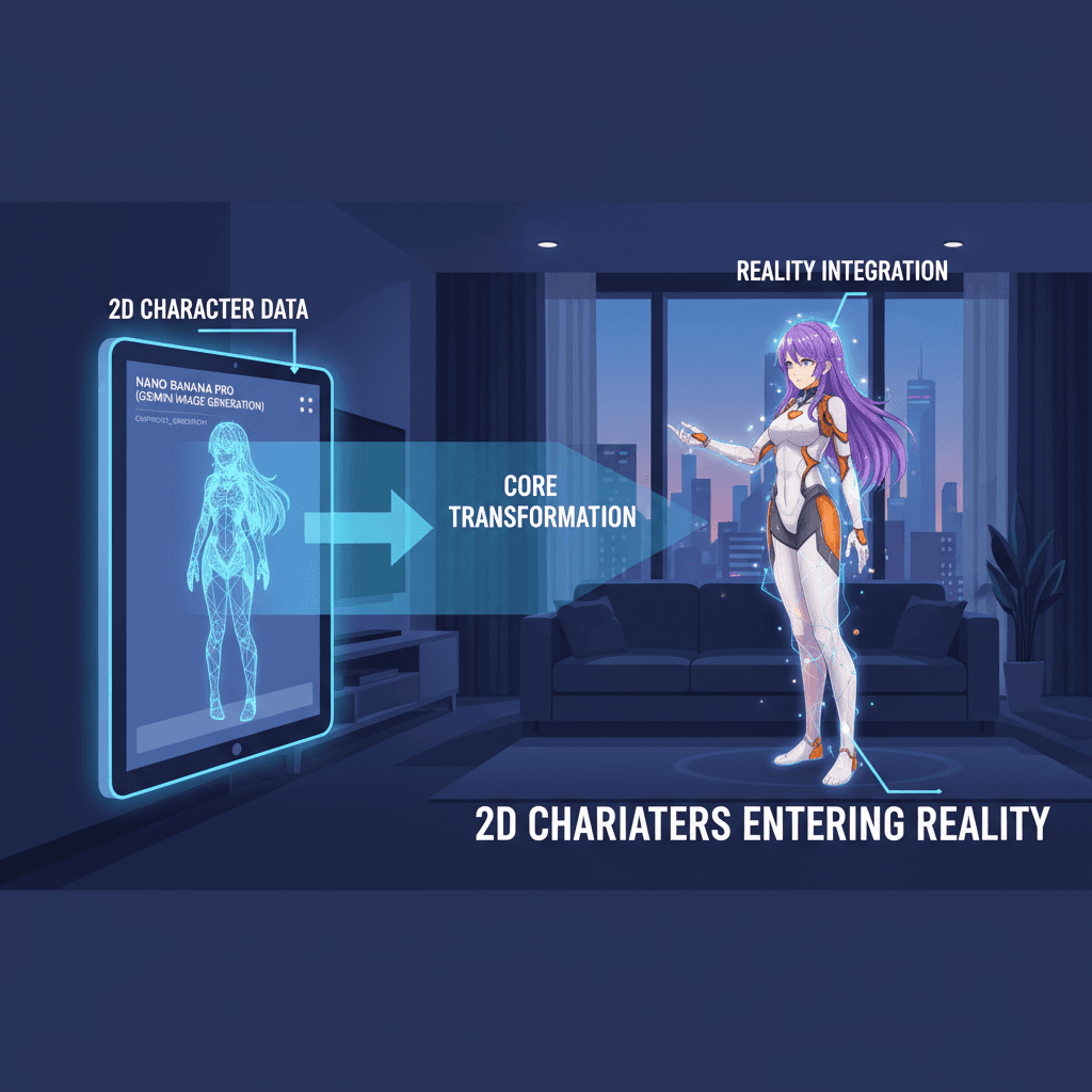 "使用Nano Banana Pro生成的二次元角色与现实场景融合的AI艺术作品,展示虚拟与现实的交汇。"