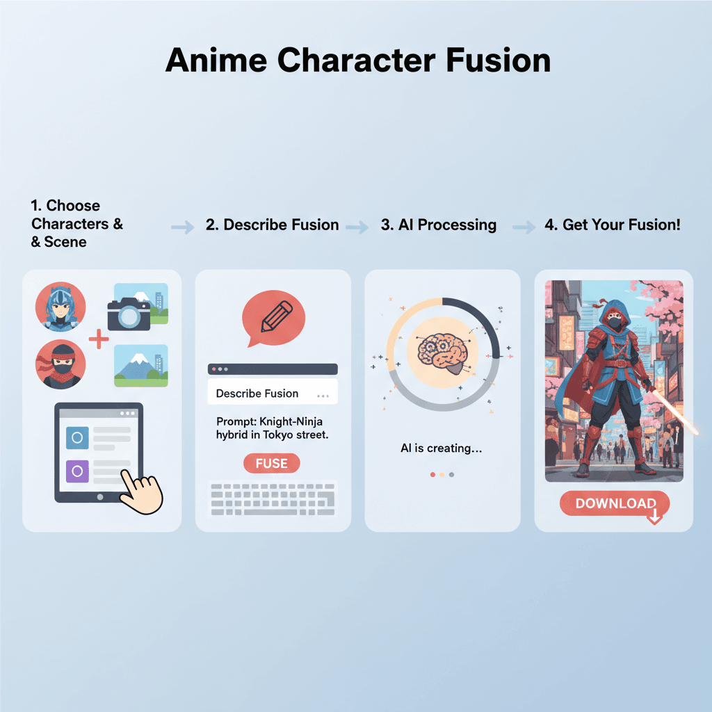 简洁易用的流程图,展示如何使用AI工具Nano Banana Pro进行动漫角色融合,提供清晰的使用步骤和指导。