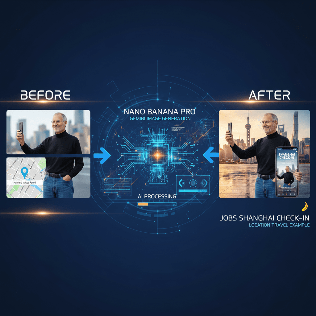 使用Nano Banana Pro生成的AI旅行示例,展示乔布斯在上海打卡的美丽地点。