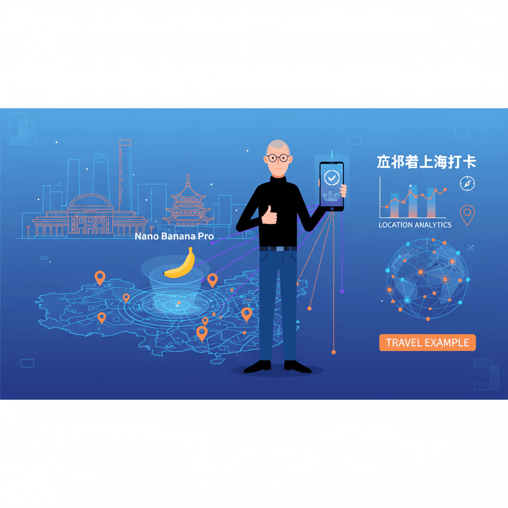 使用 Nano Banana Pro (AI) 创造的“乔布斯上海打卡”艺术配图,展示旅行地点的独特魅力。